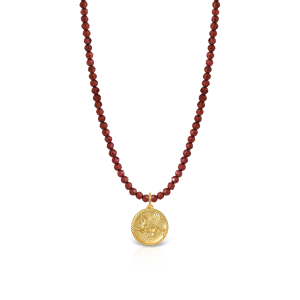 Necklace with faceted  garnet beads and 18k gold Pegasus motif
