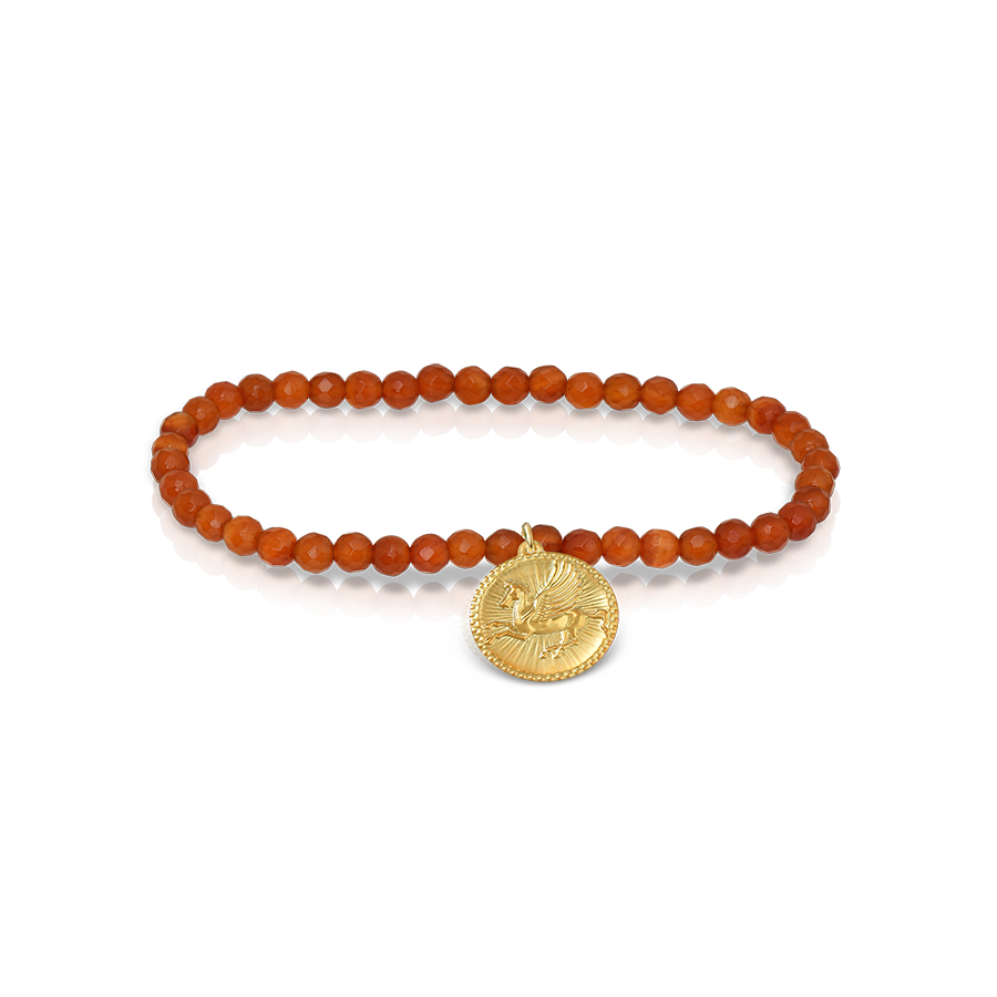 Bracelet with faceted carnelian beads and 18k gold Pegasus motif