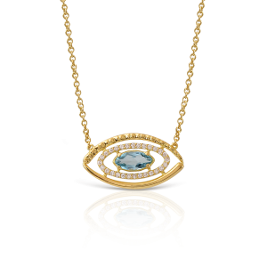 Evil eye necklace in 18k gold, diamonds and London blue topaz