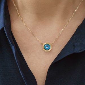 Alternative view of Evil eye double face necklace in 18k gold and  diamonds and plain gold in reverse side