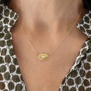 Alternative view of Evil eye necklace in 18k gold with marquise diamond center