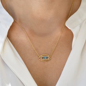 Alternative view of Evil eye necklace in 18k gold, diamonds and London blue topaz