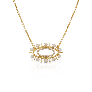 Evil eye necklace in 18k gold, diamonds and freshwater pearls
