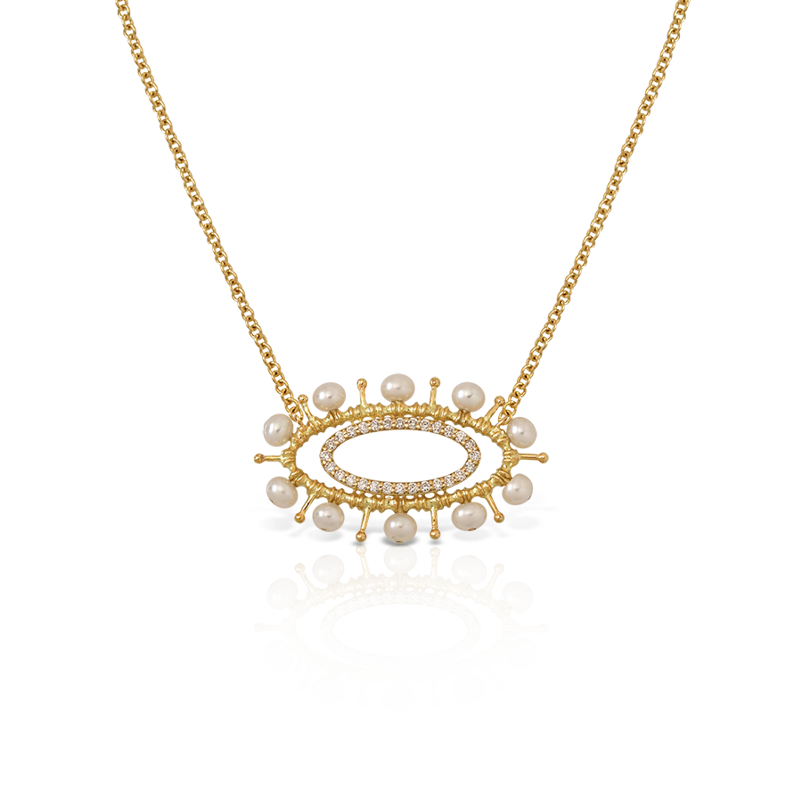 Evil eye necklace in 18k gold, diamonds and freshwater pearls